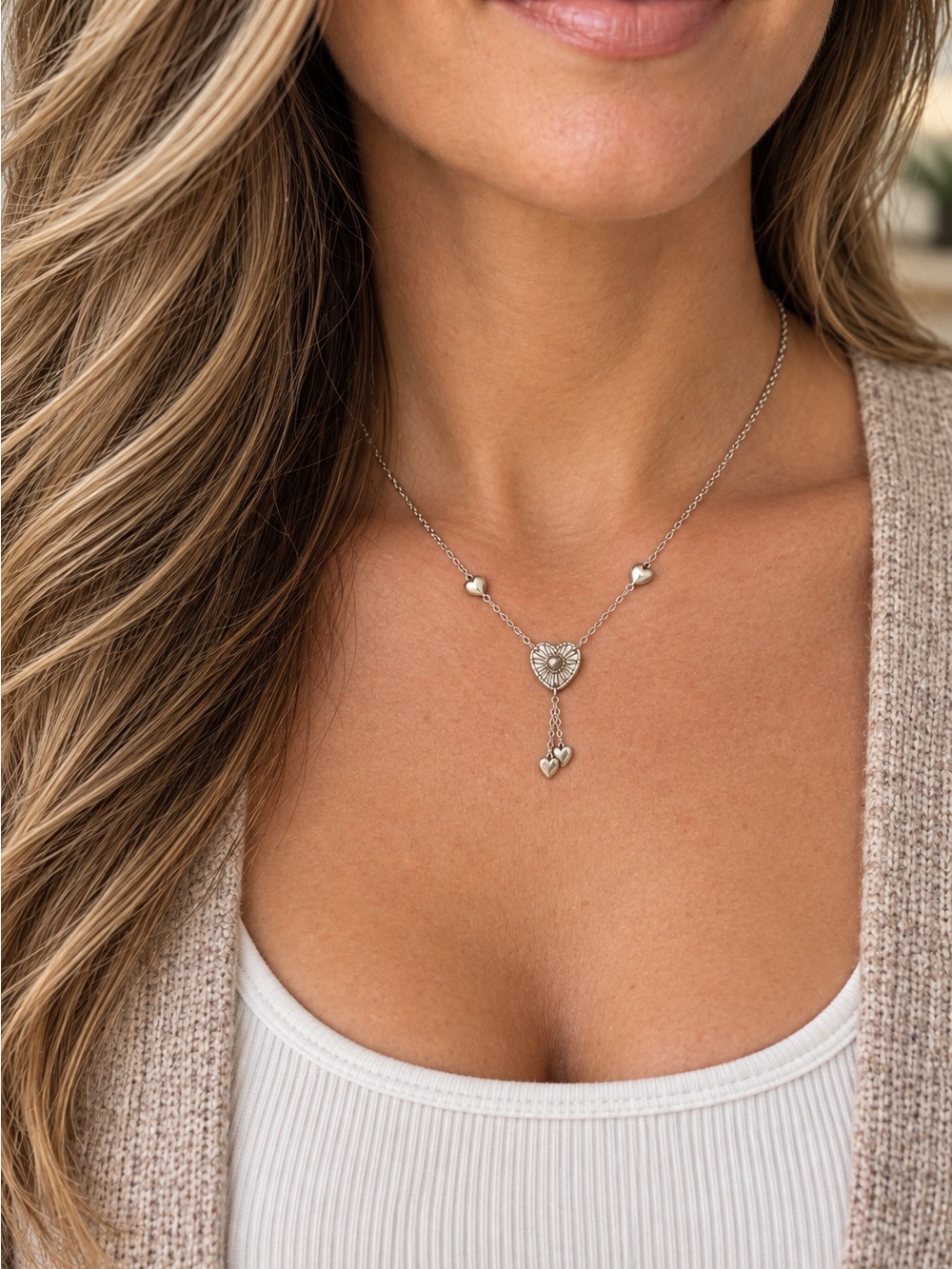 Silver Heart Pendant Y Necklace - Heart Charm Drop